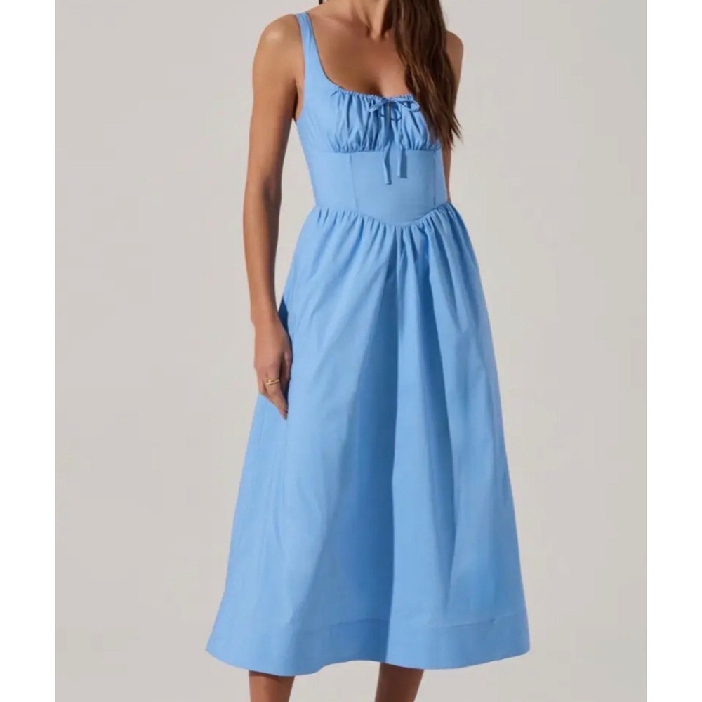 ASTR The Label Blue Poplin Bustier Midi Dress Ruched Tie Front Pockets Size M - Picture 1 of 9